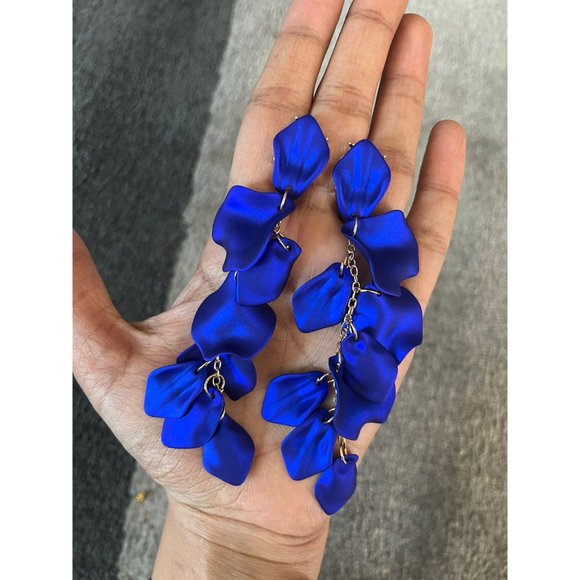 Royal blue earrings petal blue flower, long blue , blue wedding earrings large - Picture 2 of 9